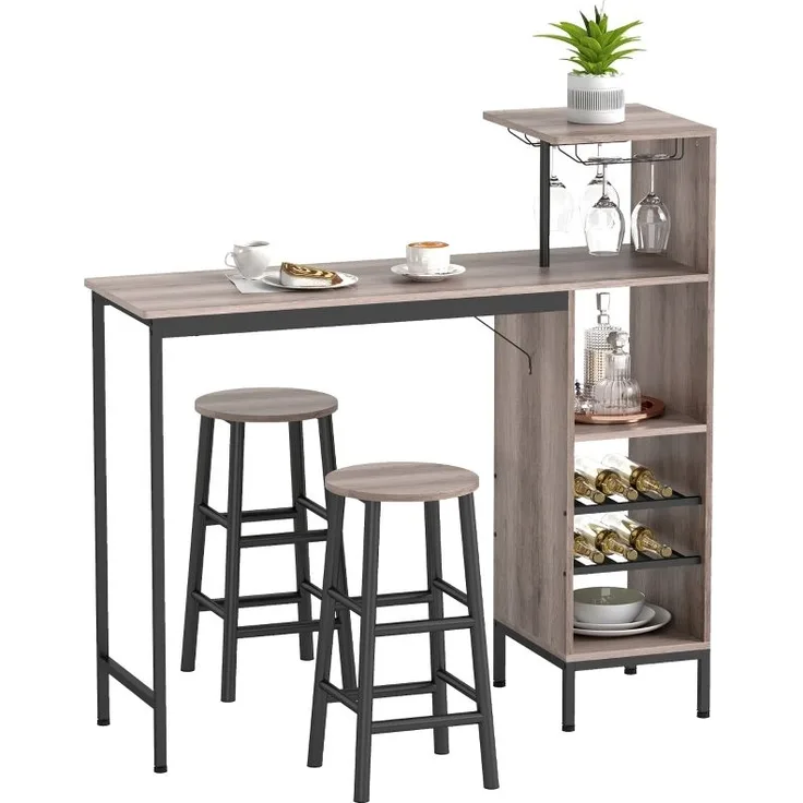 Bartisch-Set 3-Teilig Mit Weinregal & Barhockern - Hochtisch Küchentheke Mit Stauraum Industriestil Grau