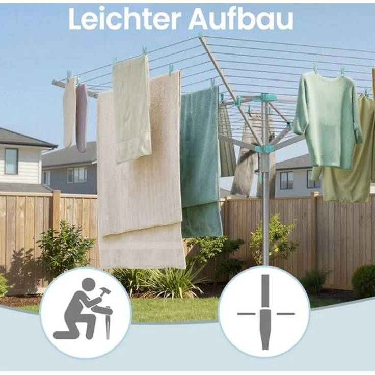 SONGMICS Wäschespinne, 50 m Wäscheleine, für 5 Waschladungen, mit Wäscheklammern, silbern – Bild 4