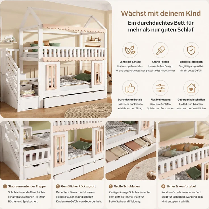 ZUBALIYA Etagenbett, Kinderbett, Hausform, Seitlicher Stauraumschrank mit Leiter, 2 Schubladen, Dekorative Holzfenster und Zierleisten, Kiefer+MDF, Weiß+Natur, 90x200 cm, Natur / Weiß – Bild 11