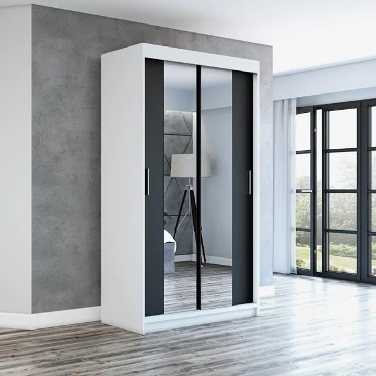 Schwebetürenschrank NEO 2-türig Schrank 120 cm (mit Spiegel) Farbe: Weiß , schwarz – Bild 2