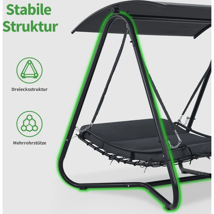 M MCombo Hollywoodschaukel mit Liegefunktion, Schaukelliege Outdoor, Gartenliege Wetterfest, Gartenschaukel mit Sonnendach & Extradickem Sitzkissen, Sonnenliege 167x155x173 cm, 8012 (grau) – Bild 8