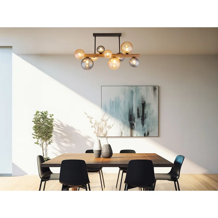 LED Deckenleuchte aus Holz 9-flammig Glaskugeln Rauchglas & Bernstein, B: 78cm – Bild 6