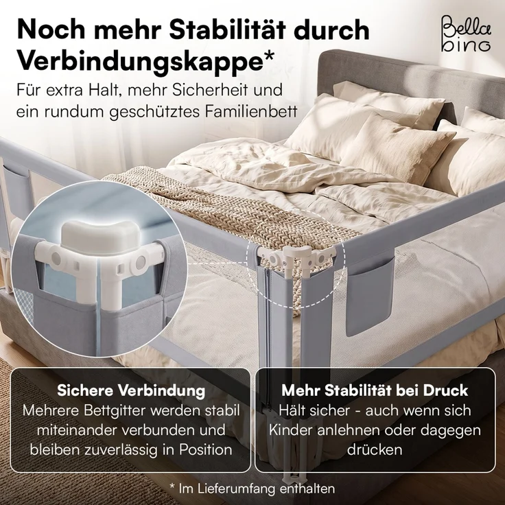 Bellabino 'Drina' Bettschutzgitter mit 2 Sicherheitsgurten, Rausfallschutz klappbar & höhenverstellbar, aus Oxford-Stoff & Metall, 200 cm, hellgrau – Bild 8