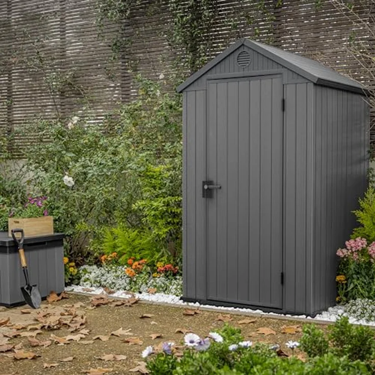 KETER Gartenhaus Darwin 4x4, 2,8 m², aus langlebigem Evotech Kunststoff mit Einzeltür und Belüftung, Gerätehaus, 25 x 184 x 205 cm, grau – Bild 8