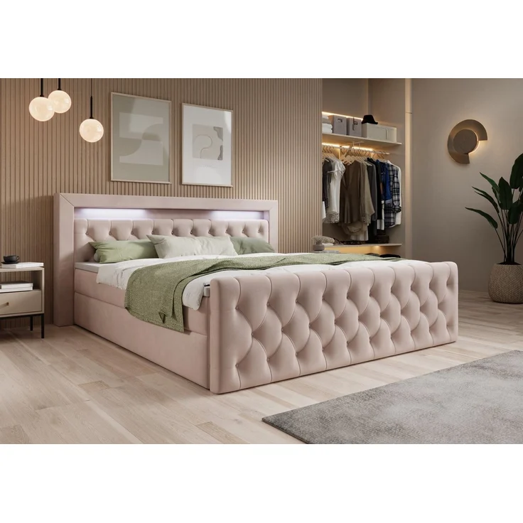 thematys Boxbett LED mit Bettkasten 160x200cm, mit Bonnellfederkernmatratze H3, Bouclé/Velours, mit Stauraum, mit 3 cm Topper, Beige (Velutto 02), Art.-Nr. S04JN0YRSJG – Bild 1