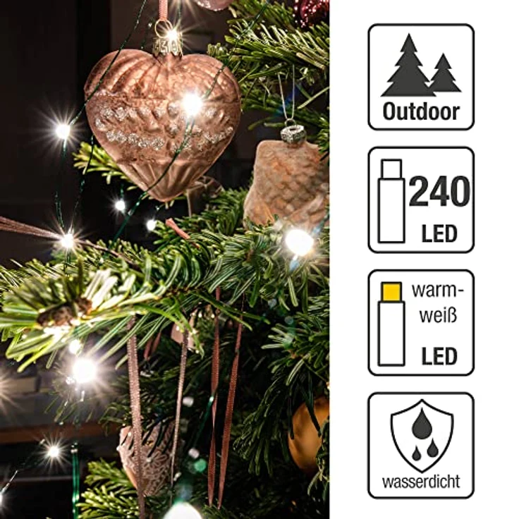 hellum LED Christbaumbeleuchtung mit Ring, Tauperlen Lichterkette Außen für Weihnachtsbaum, 12 Stränge als 1,1x2m Lichtvorhang oder 2m Dekoration, wetterfest, extrahelle LEDs – Bild 2