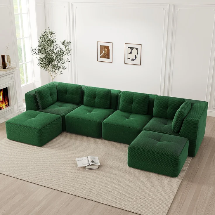 Wohnora-Modulares Wohnzimmersofa ohne Gestell, modulares Ecksofa, U-förmiges Sofa mit Ottomane, tiefes Schlafsofa, rutschfestes Design, keine Montage erforderlich,Grün,H 69cm x T 386cm x B 177cm – Bild 3