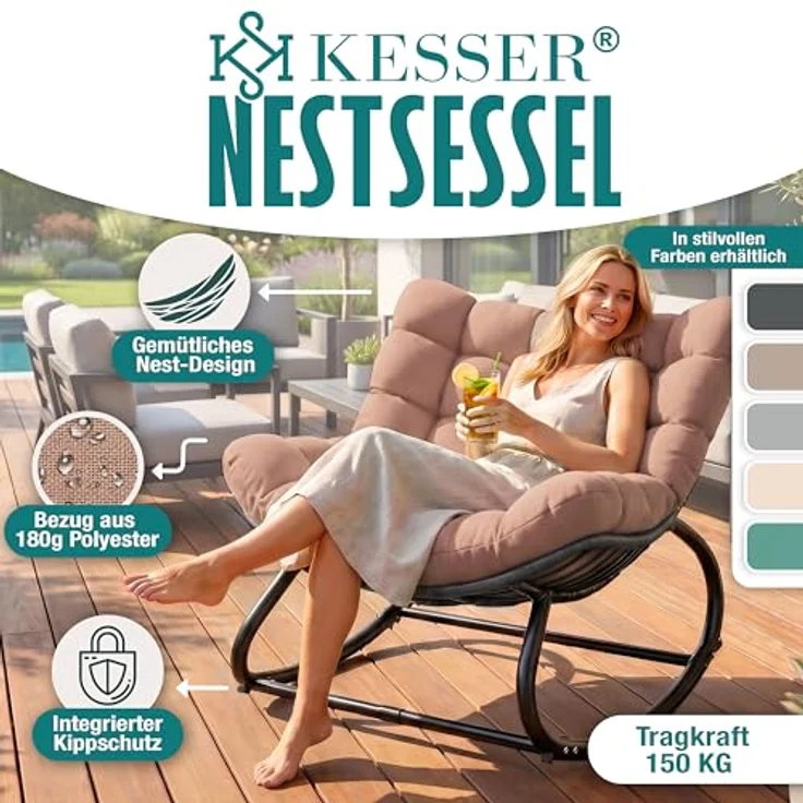 KESSER® Schaukelstuhl, für drinnen & draußen, ergonomisch, max. Belastung von 120kg, mit rutschfesten Füßen, Witterungsbeständig, Taupe – Bild 4