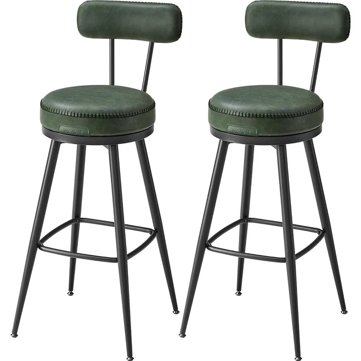 VASAGLE EKHO Kollektion - 360° drehbarer Barhocker, 2er Set, Hocker mit Rückenlehne für Bartisch, Kunstleder mit Nähten, Mid-Century-Modern-Stil, 76 cm hoch, Küche, Hausbar, waldgrün – Bild 1