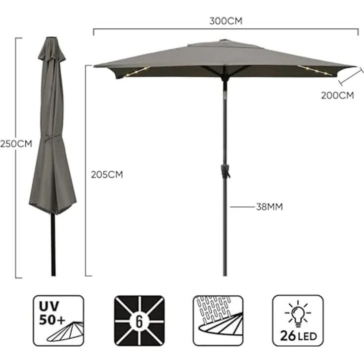 Sekey Sonnenschirm mit LED-Beleuchtung, Kurbel & UV50+, knickbar, Aluminium cappuccino, 200 x 300 cm – Bild 7