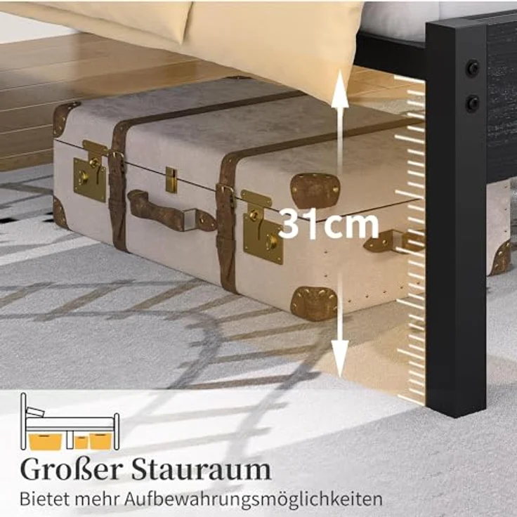 VECELO Bettgestell 140x200 cm, Metallbett mit Doppelschicht Holzkopfteil und Lattenrost, Modern Gästebett Jugendbett mit Stauraum Unter Dem Bett, Perfekt für Schlafzimmer, Schwarz – Bild 7