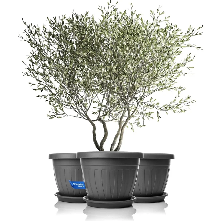 BigDean 3X Blumentopf mit Untersetzer rund ø50xH38 cm anthrazit - wetterfester Pflanzkübel - Wasserablauf UV-beständig aus bruchsicherem Kunststoff - Innen + Außen geeignet - Made in Europe – Bild 1