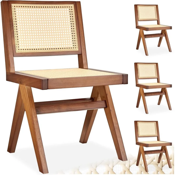 tectake Esszimmerstuhl Holzstuhl Lissy mit Wiener Geflecht im Boho-Stil (Set, 4 St), Große Rückenlehne und Sitzfläche ohne Armlehnen
