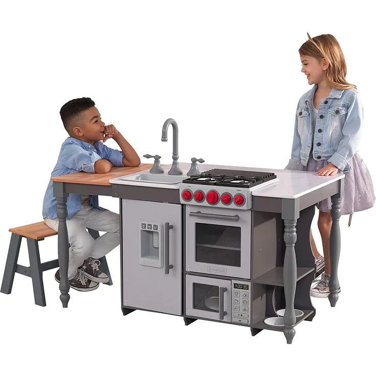 KidKraft 53420 Chef’s Island Cook N Create Spielküche mit Kücheninsel aus Holz, Grau