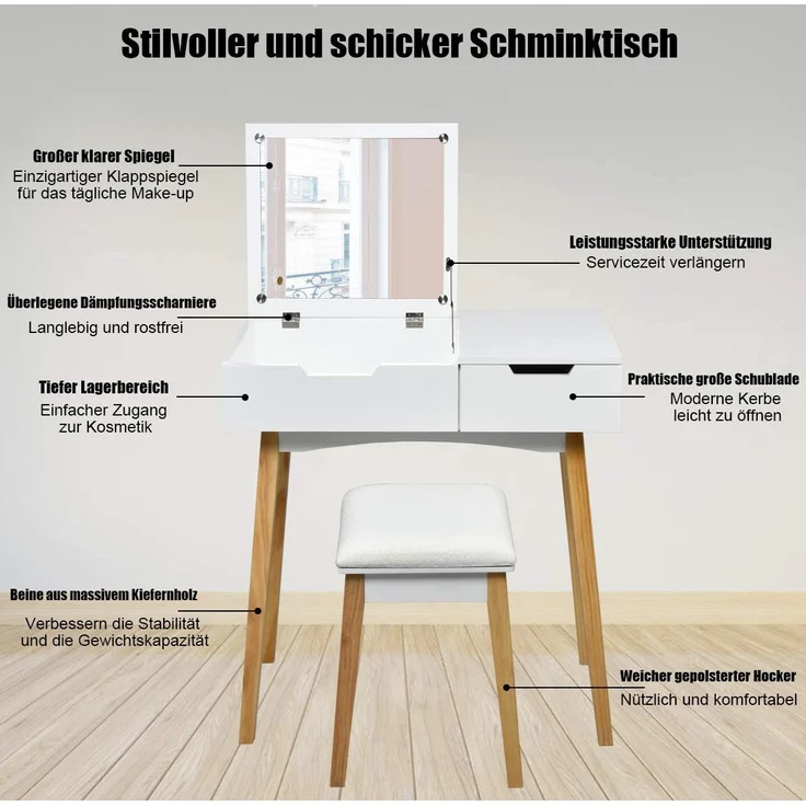 COSTWAY Schminktisch mit Hocker, weiß – Bild 3