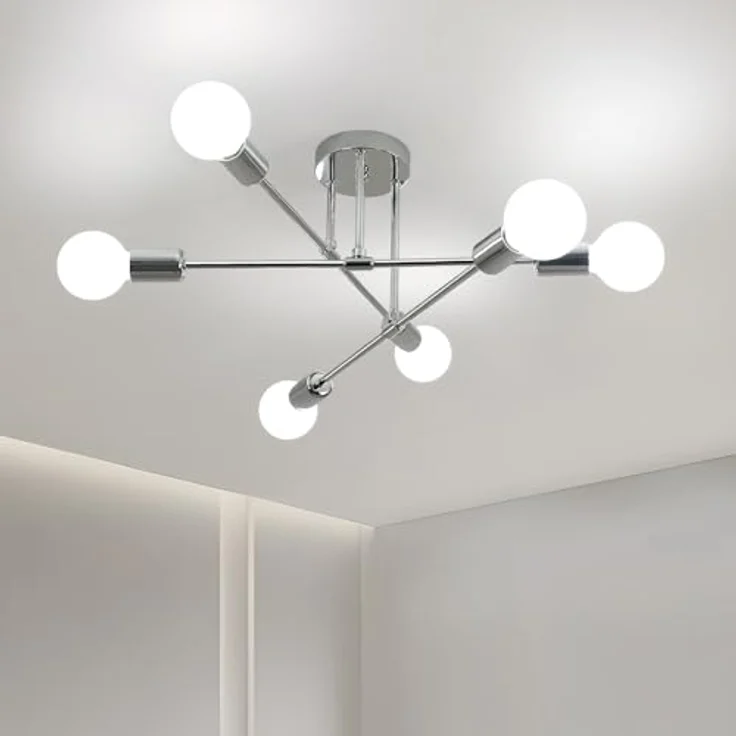 Goeco Industrial Vintage Deckenleuchte, Galvanisierte Metall Deckenlampe Kronleuchter mit 6 E27 Fassungen für Wohnzimmer Esszimmer Küche Flur, Chrom, Dia. 60 cm(Ohne Glühbirnen) – Bild 10