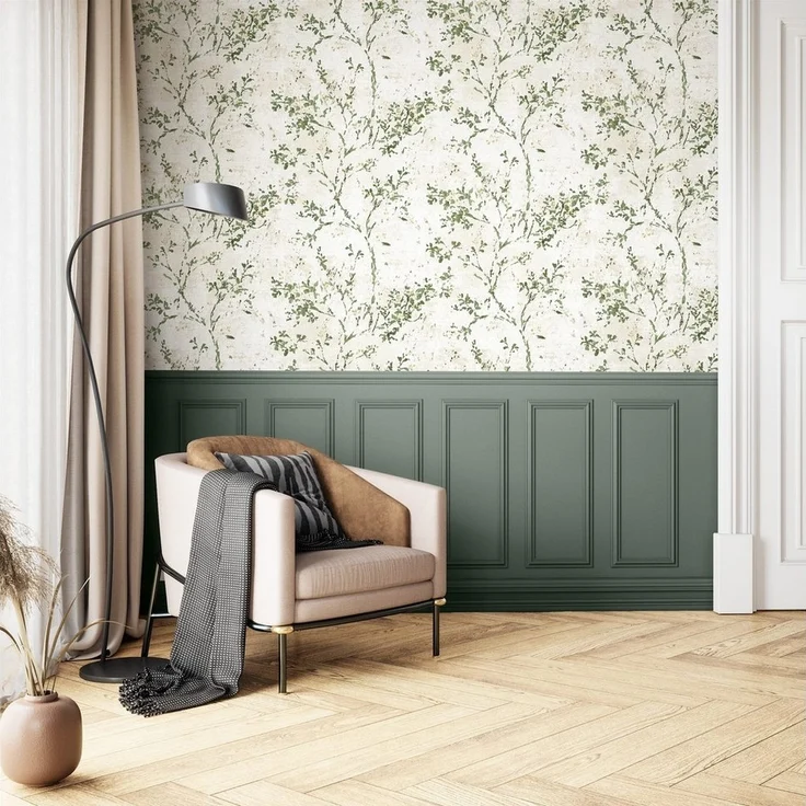 Newroom Vliestapete, Grün Tapete Floral Blätter - Vintage Blumentapete Beige Weiß 3D Optik Romantisch Äste Blätterranke für Schlafzimmer Wohnzimmer Küche – Bild 3