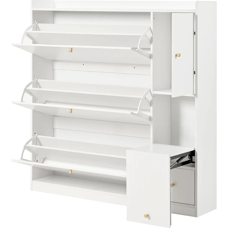 Großer Schuhschrank mit Sitzbank Weiß 119cm Breite Moderner Flurschrank Mit Kippschubladen Und Verstellbaren Böden Großer Stauraum Für Bis Zu 30 Paar Schuhe Garderobenschrank Mit Integrierter Sitzbank Und Kippsicherung, 119cmx24cmx122cm, Weiß – Bild 8