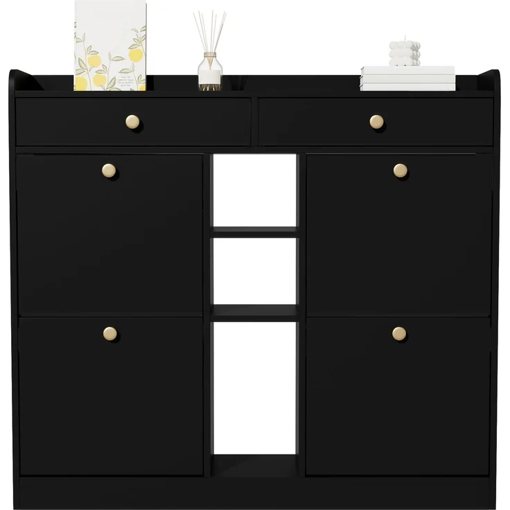 ZUBALIYA Schuhschrank (110 x 26 x 100 cm), 4 Klappfächer und 2 Schubladen, Offener Stauraum, Stauraum für Flur und Eingangsbereich, Schwarz – Bild 2