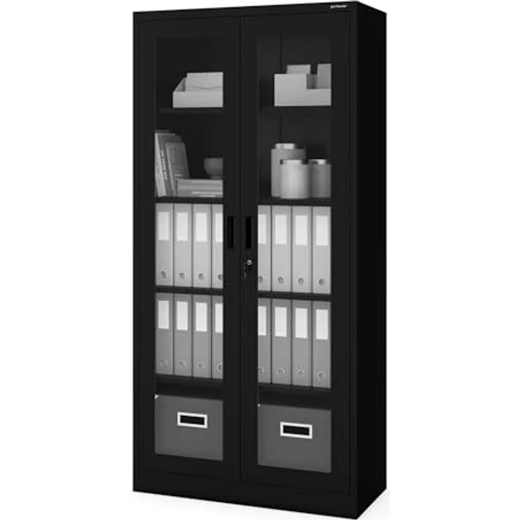 Jan Nowak Aktenschrank C012 Glasvitrine Büroschrank Universalschrank Flügeltürschrank Stahlblech Pulverbeschichtung abschließbar 185 cm x 90 cm x 40 cm (Schwarz) – Bild 1