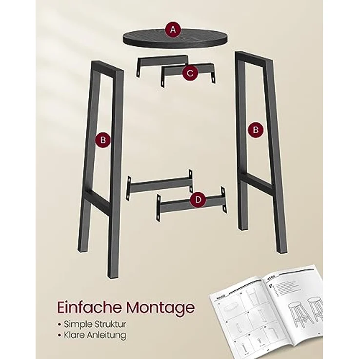 VASAGLE Barhocker, 2er Set, Barstühle, Küchenstühle mit Metallgestell, einfache Montage, 65 cm hoch, mit Fußstütze, für Küche, Wohnzimmer, Esszimmer, ebenholzschwarz-schwarz LBC032B56 – Bild 7