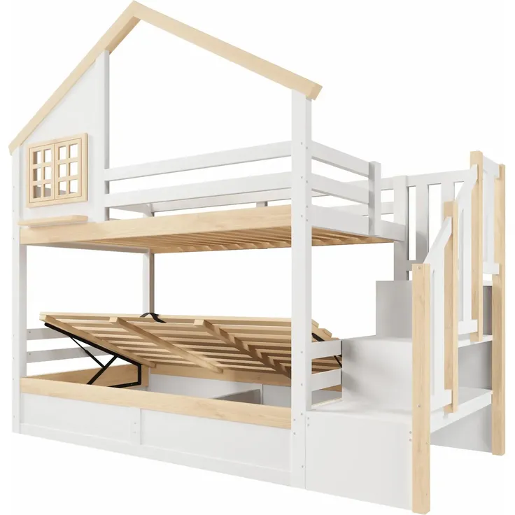 Etagenbett mit 2 Liegeflächen, Rausfallschutz, Stauraum und Lattenrosten, Treppe mit Regal, 90x200 cm/90x200 cm, Kinderbett, Stauraumbett, Kiefer – Bild 7