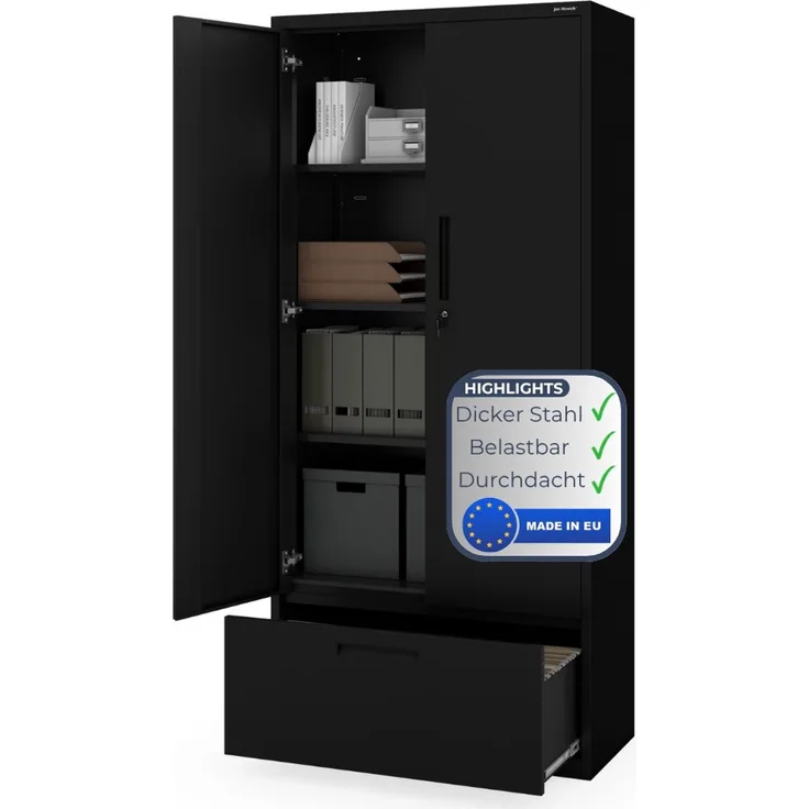 Metallschrank mit Hohe Schublade RUEL - 195x90x40cm Schwarz | Büroschrank Aktenschrank Stahlschrank Fachbodenschrank Werkstattschrank