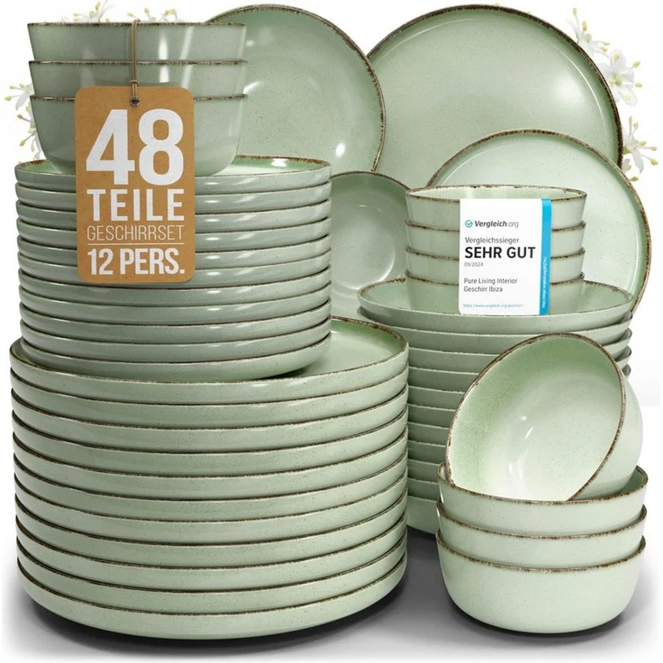 PURE LIVING INTERIOR DESIGN Geschirr-Set Rustic aus Steingut, 48-tlg, für 12 Personen, Mintgrün (48-tlg), 12 Personen, Steingut – Bild 1