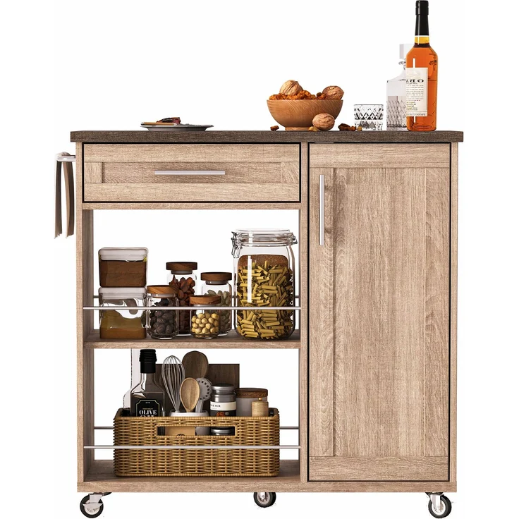 Küchenwagen 90 x 62 x 90 cm mit Schublade, Schrank, 2 offenen Regalen, Handtuchhalter, feststellbaren Rollen, Sonoma-Eiche – Bild 5