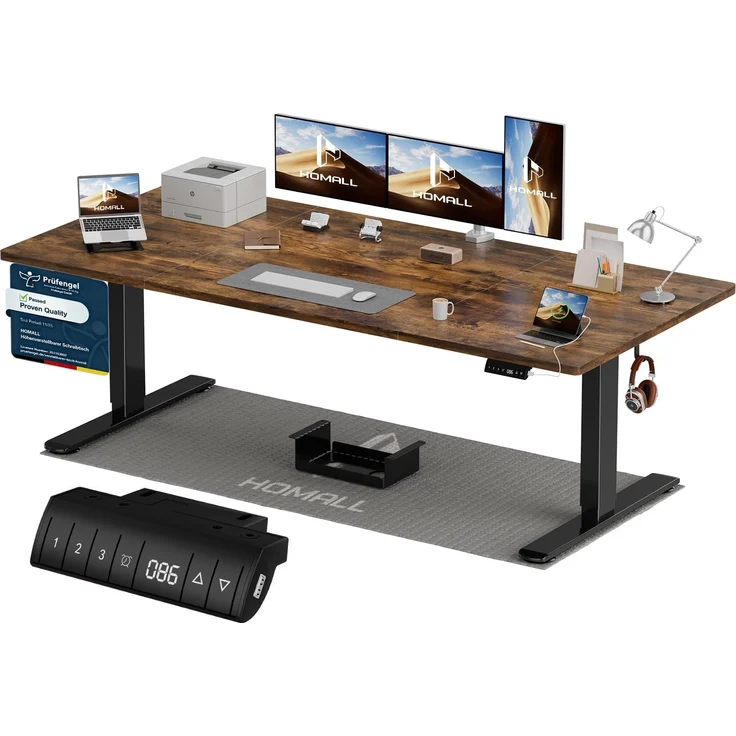 Homall Höhenverstellbarer Schreibtisch 200x80 cm mit USB-A Ladeanschluss, Elektrischer Schreibtisch mit Kabel Management Tray, Standing Desk mit 3 Memory Funktion, Computertisch Braun