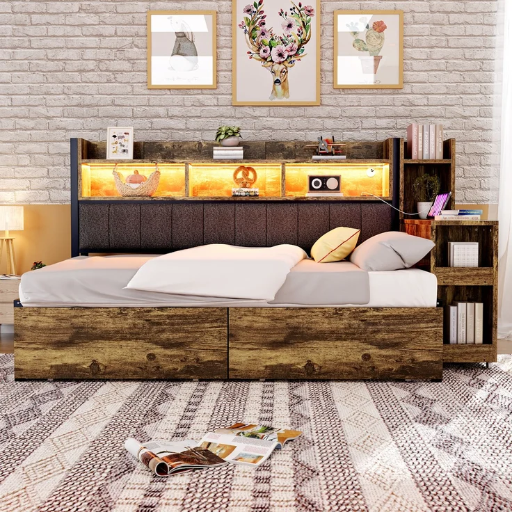 EINHOM Eisen Sofabett 90 x 200 cm mit Stauraum, Metall + Holz, mit Vielseitigen Staufächern & Schließfächern, Multifunktionalen Steckdosen & LED-Beleuchtung, Komplett mit Großen Schubladen und einem Ausziehbaren Schreibtisch, Naturholz (Ohne Matratze) – Bild 3