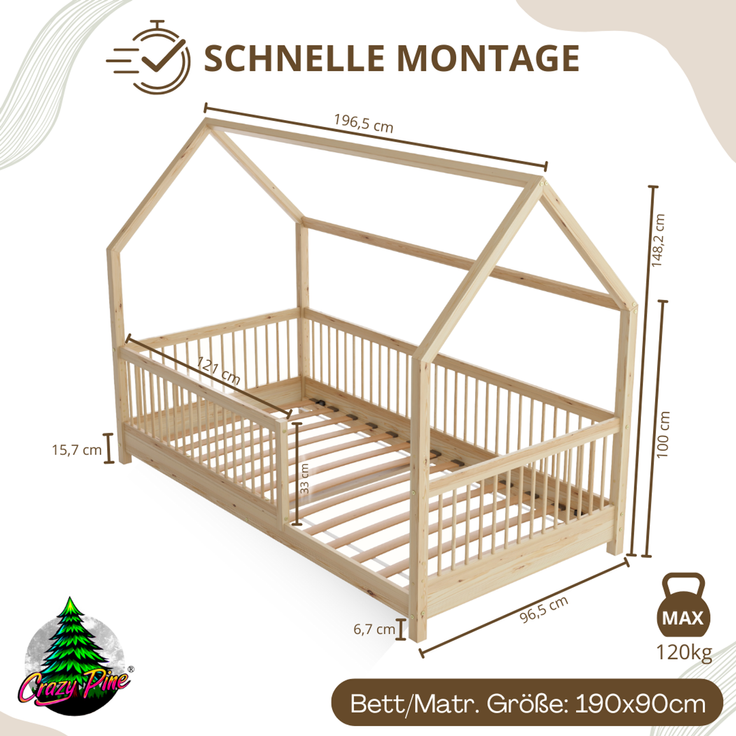 Crazy Pine 'Crazy Folly' Hausbett mit hohem Rausfallschutz, Holz natur, 90x190 cm – Bild 2