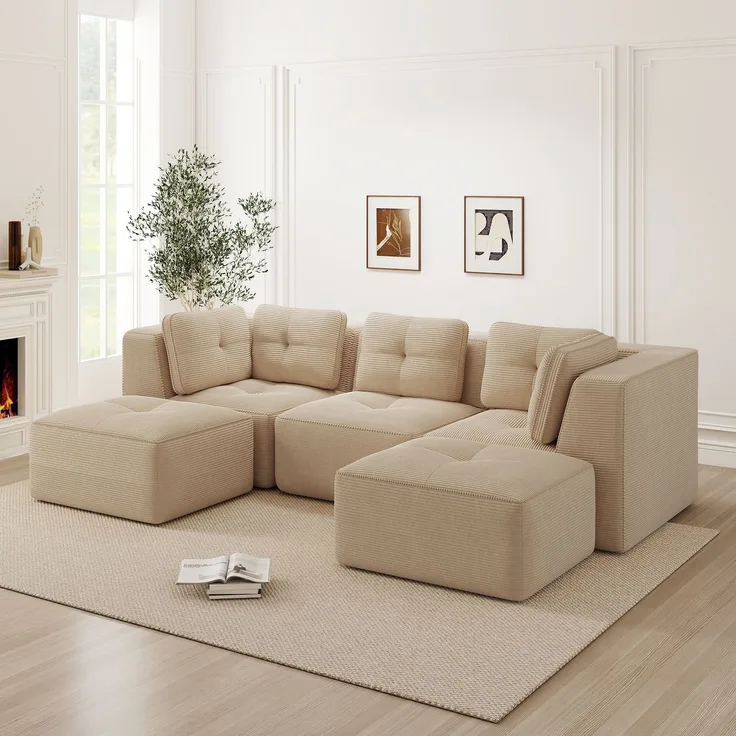 EINHOM Rahmenloses, U-förmiges Ecksofa, modulares Sektionssofa mit Ottomane, geeignet für das Wohnzimmer, dreisitziges Cord-Sofa mit tiefer Sitzfläche, keine Montage erforderlich, Beige