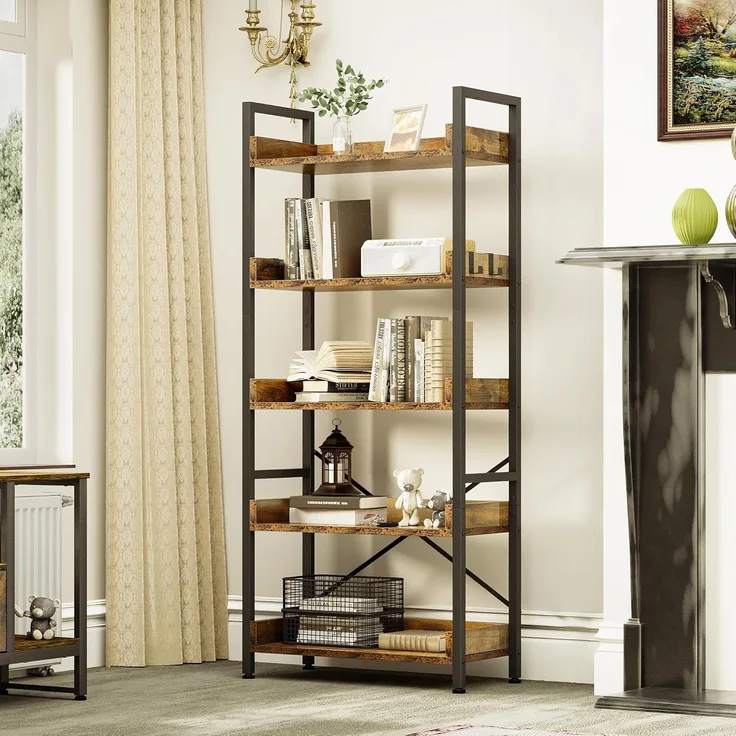 YITAHOME Bücherregal 5 Etagen, Bodenstehendes Bücherregal, Holzregal und stabiles Stahlrahmenregal mit 4 Haken Industrielles Lagerregal für Wohnzimmer, Heimbüro, Vintagebraun