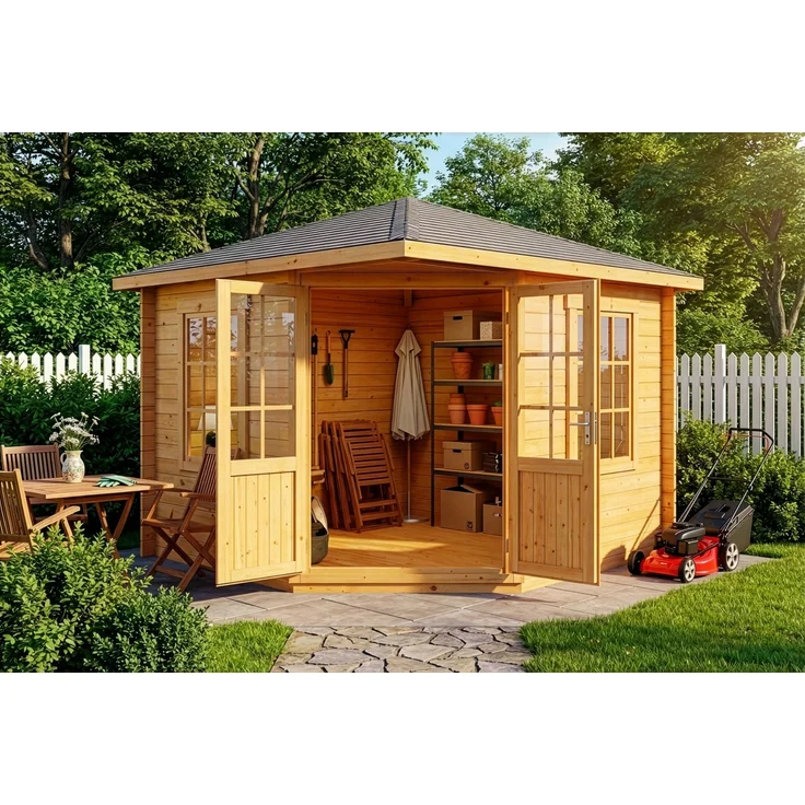Alpholz 5-Eck Gartenhaus Monica Gartenhaus aus Holz in Pinie Holzhaus mit 28 mm Wandstärke Blockbohlenhaus mit Montagematerial – Bild 2