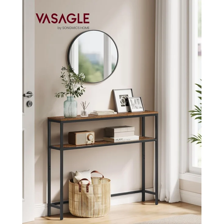 VASAGLE Konsolentisch, schmaler Sofatisch mit 2 Ablagen, 20 x 100 x 80 cm, Flurtisch, 2 Ebenen, für Flur, Wohnzimmer, Schlafzimmer, vintagebraun-tintenschwarz LNT131K01 – Bild 4