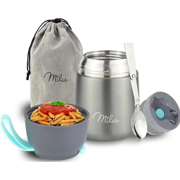 Milu Thermobehälter Essensbehälter 450ml, Warmhaltebehälter mit Löffel, Thermobecher, Edelstahl, grau