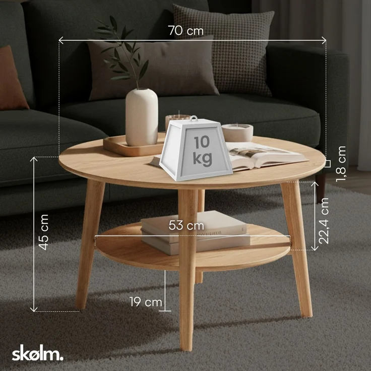 skølm 'Mjölnir' Couchtisch rund, Massivholz Eiche, natur geölt, Wohnzimmertisch Ø70 cm, Beistelltisch für Wohnzimmer mit Ablage – Bild 5