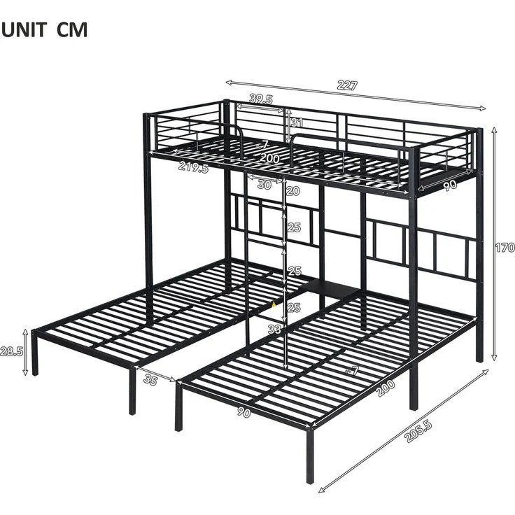 Merax Etagenbett Dreierbett Kinderbett Metallbett mit Leiter 90x200cm*3, schwarz – Bild 4
