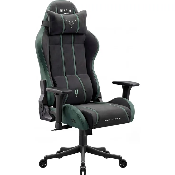 Diablo Gaming Stuhl ergonomisch Stoff Kinder Jugend Drehstuhl mit Lendenkissen Kopfstütze 3D Armlehnen verstellbar bis 140 Grad Bürostuhl klein Forest Green