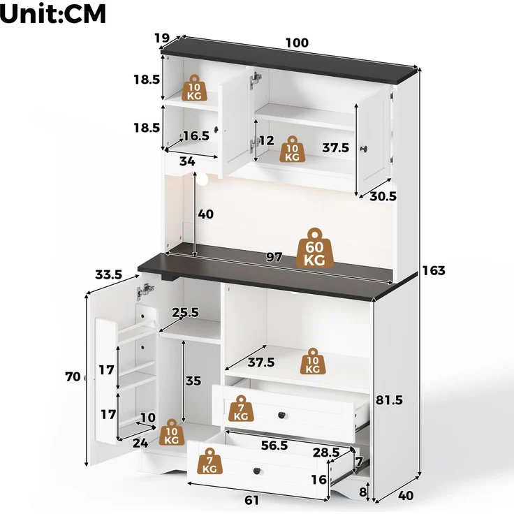 Küchenbuffetschrank mit LED-Beleuchtung & USB-Anschluss, 100x40x163 cm, Weiß – Bild 6