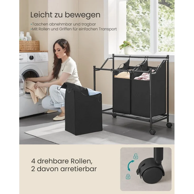 Songmics Wäschekorb mit Rollen, Wäschesammler mit 3 abnehmbaren Wäschesäcken, Wäschewagen, für Waschküche Schlafzimmer Badezimmer, 3x45 L, tintenschwarz – Bild 3
