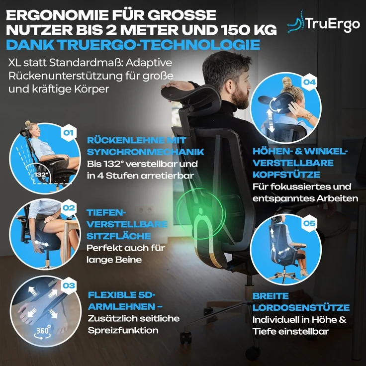 VALKENSTOL M8 - Premium Ergonomischer Bürostuhl Für Große Nutzer Bis 2,00 Meter – Bild 2