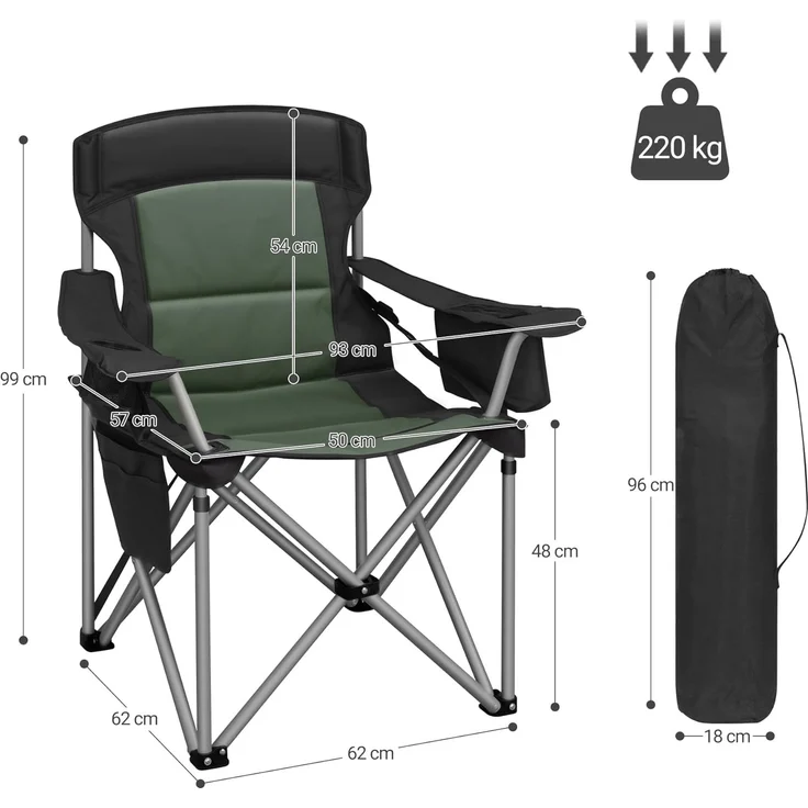 Campingstuhl, 220 KG Campingstuhl Faltbar mit Kühltasche, Getränkehalter, Tragetasch, Hochlehner Bequem Gepolste, Anglersessel Klappstuhl Garten Balkon Strand, Schwarz und Grün – Bild 9