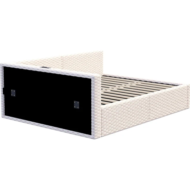 Merax Polsterbett 140 x 200 cm, Doppelbett, Jugendbett mit LED-Beleuchtung, Tape-C und zwei USB-Anschlüssen, L-förmiger weicher Rückenlehne, Samtstoff, Hydraulischem Bettgestell, Beige – Bild 8