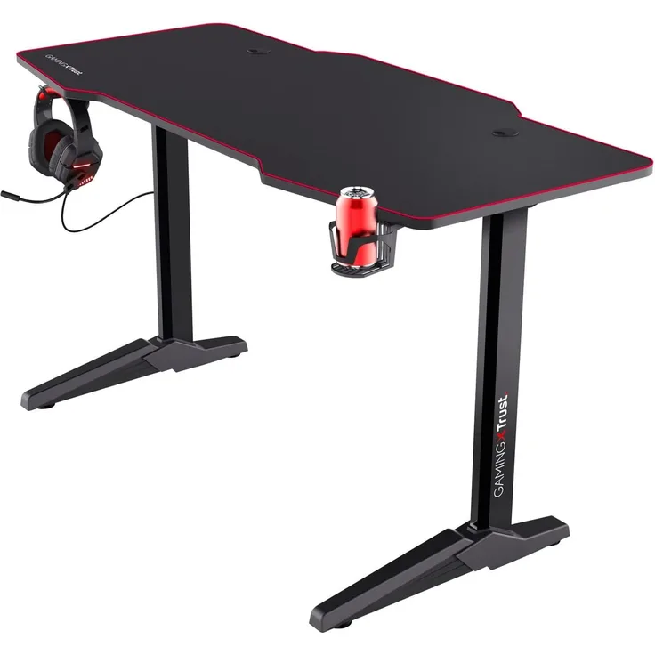 Trust XL Gaming Tisch (140x66 cm) GXT 1175 Imperius - Computer Tisch in Desk-Größe, Headset und Becherhalter, Kabelmanagementsystem, PC Schreibtisch - Schwarz