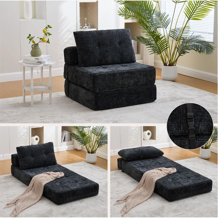 Abrihome Klappbares Schlafsofa mit Rückenlehne, Schwarz, 79x79x57 cm – Bild 2