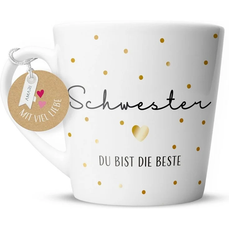 Amari Tasse Schwesterherz Spruch Gold, Geschenk Schwester Lieblingsschwester, 1-tlg, Keramik, Kaffeetasse Teetasse 330 ml Geschenkbox Geburtstag Weihnachten – Bild 1