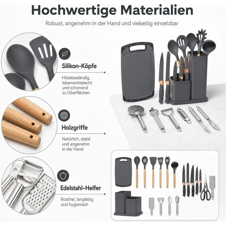 Diyarts Kochbesteck-Set (für beschichtete Pfannen, inklusive Kochmesser, Beige 23-teilig, Grün, Weiß und Schwarz je 20-teilig), Schonende Silikon-Küchenhelfer mit Holzgriffen & Messer im Set – Bild 4