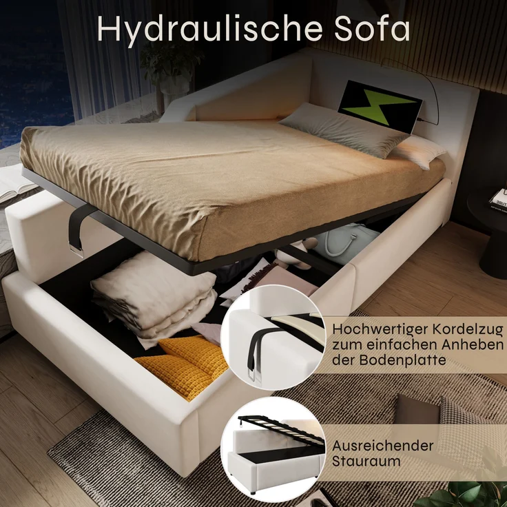 Tagesbett, Samt mit Stauraum & Leselampe, 213x70,5x98 cm, Beige, ohne Matratze – Bild 6